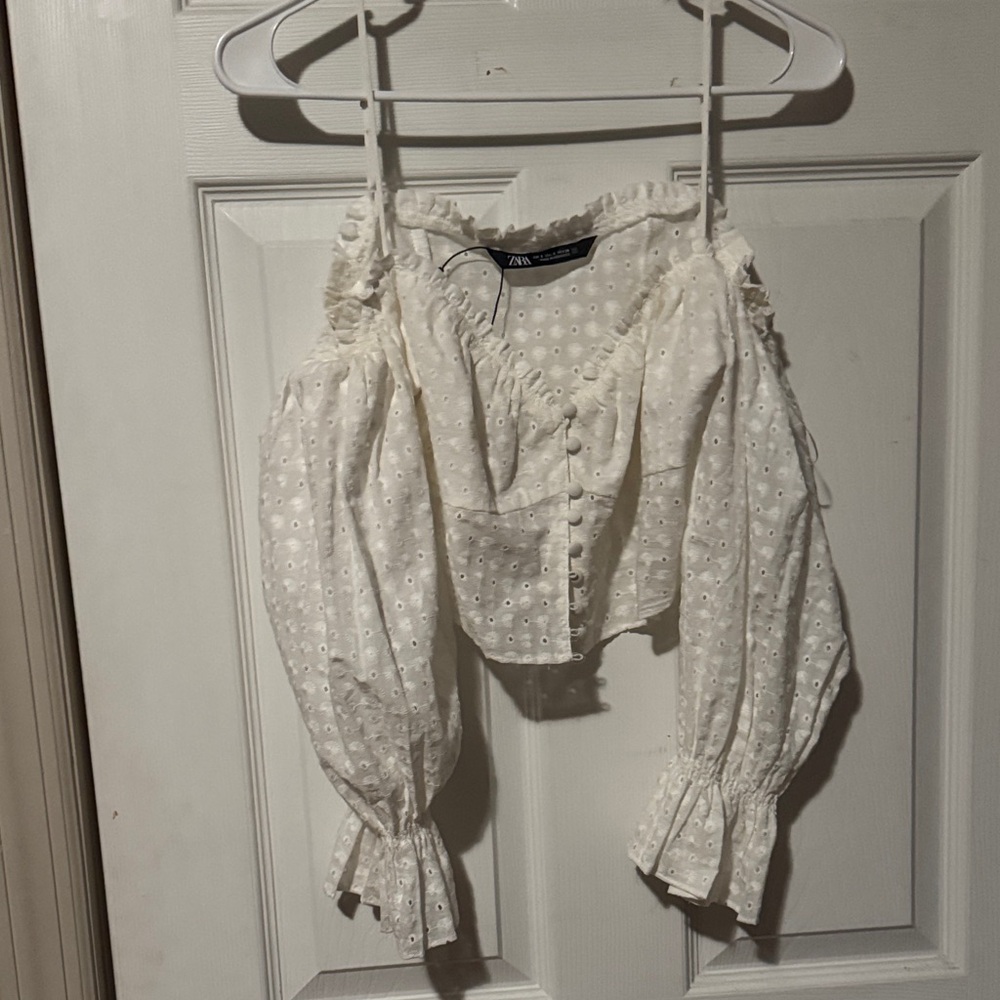Zara Cream Eyelet Off-Shoulder Puff Sleeve Button-Front Top